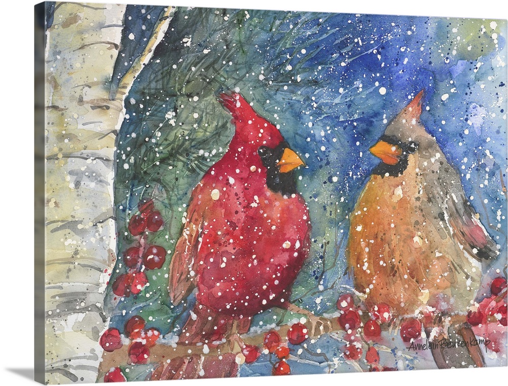 Contemporary watercolor painting of two cardinals perched on a branch in the snow.