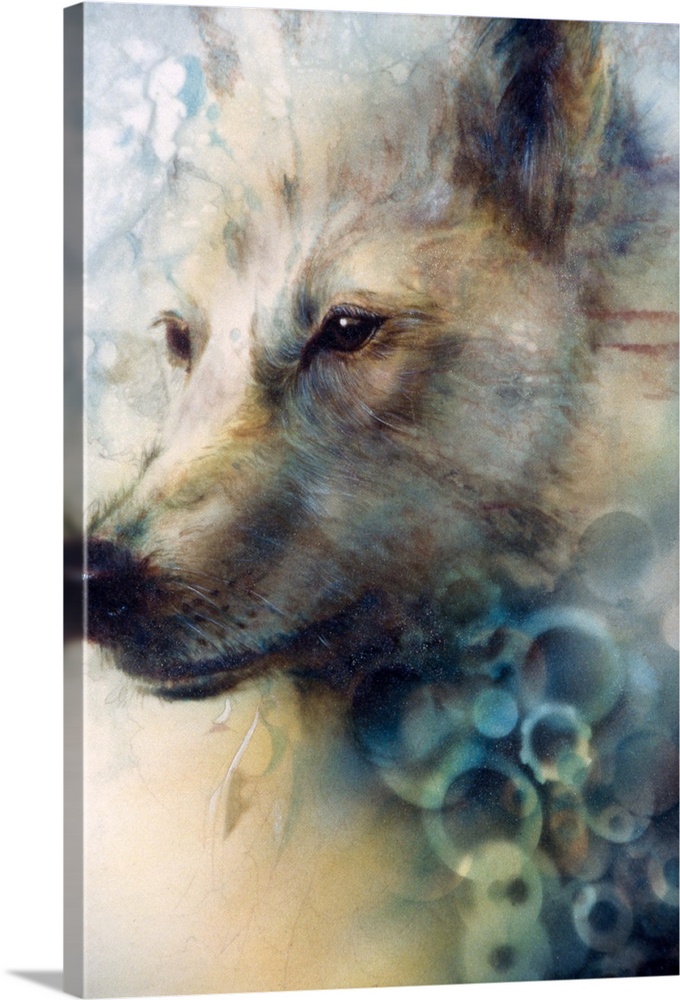 A contemporary painting of a white wolf portrait.