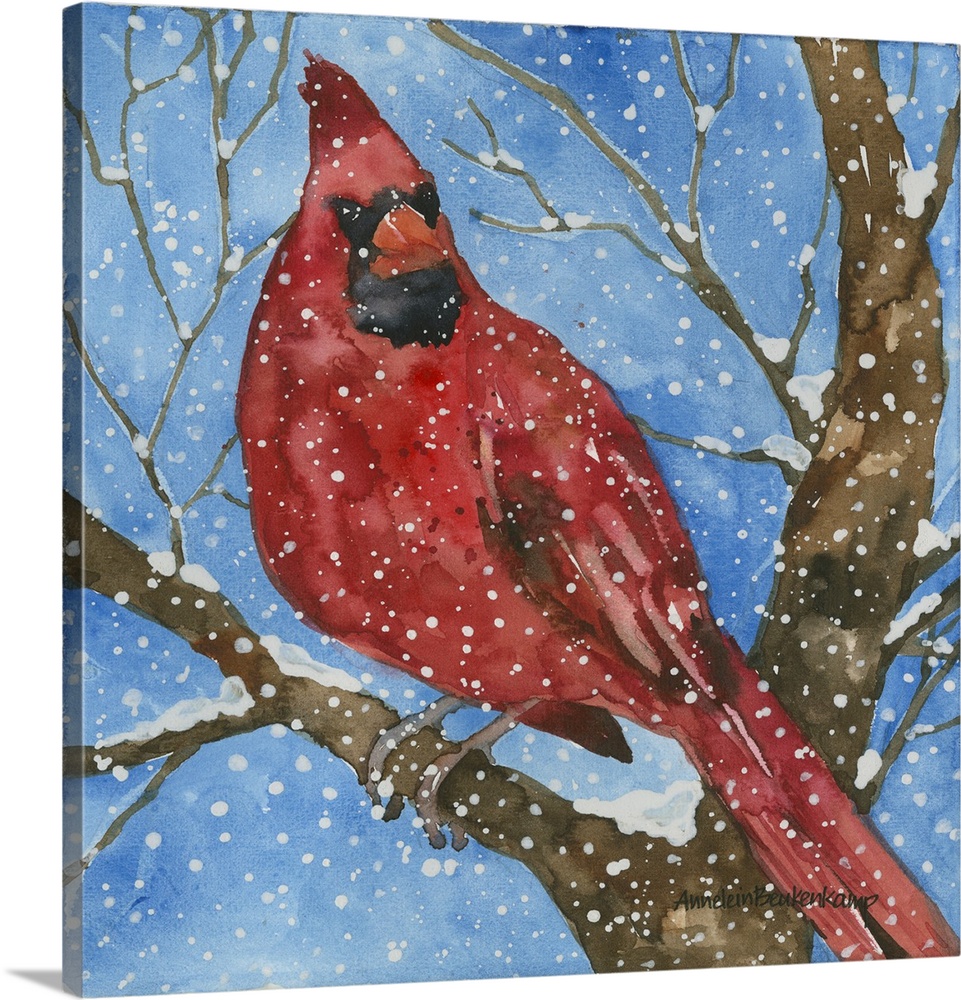 Contemporary watercolor painting of a cardinal perched on a tree branch in the snow.