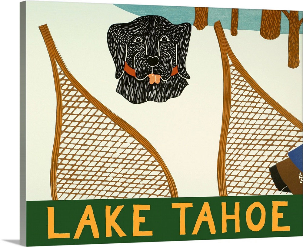 Illustration of a black lab buried in the snow with a set of snowshoes in front of it and "Lake Tahoe" written on the bottom.