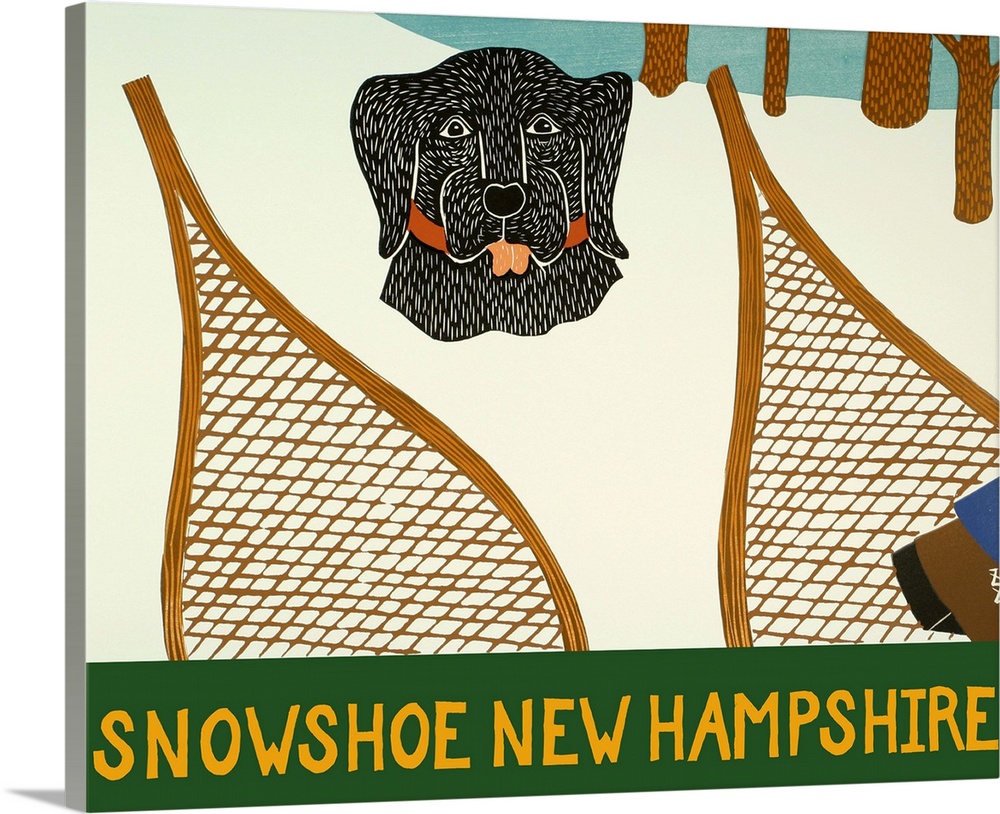 Illustration of a black lab buried in the snow with a set of snowshoes in front of it and "Snowshoe New Hampshire" written...