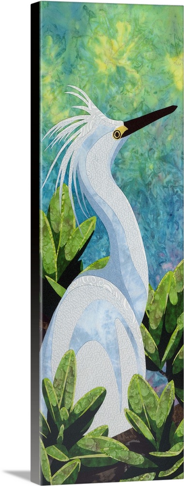 Contemporary colorful fabric art of a snowy egret.