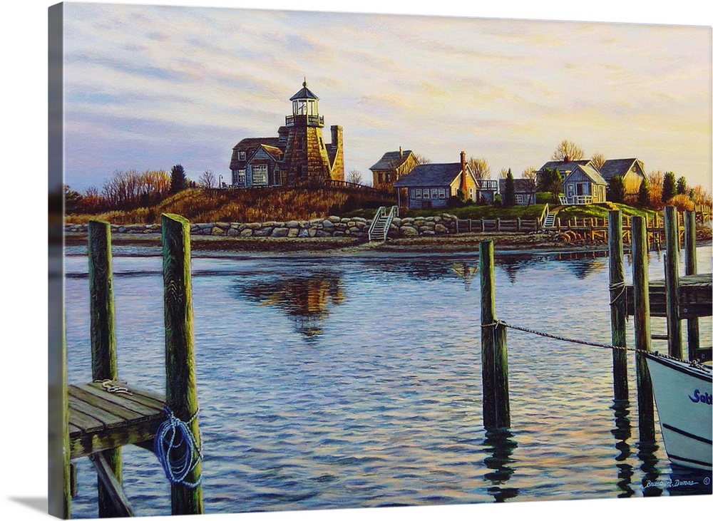 Contemporary artwork of a water scene overlooking harbor with a lighthouse.