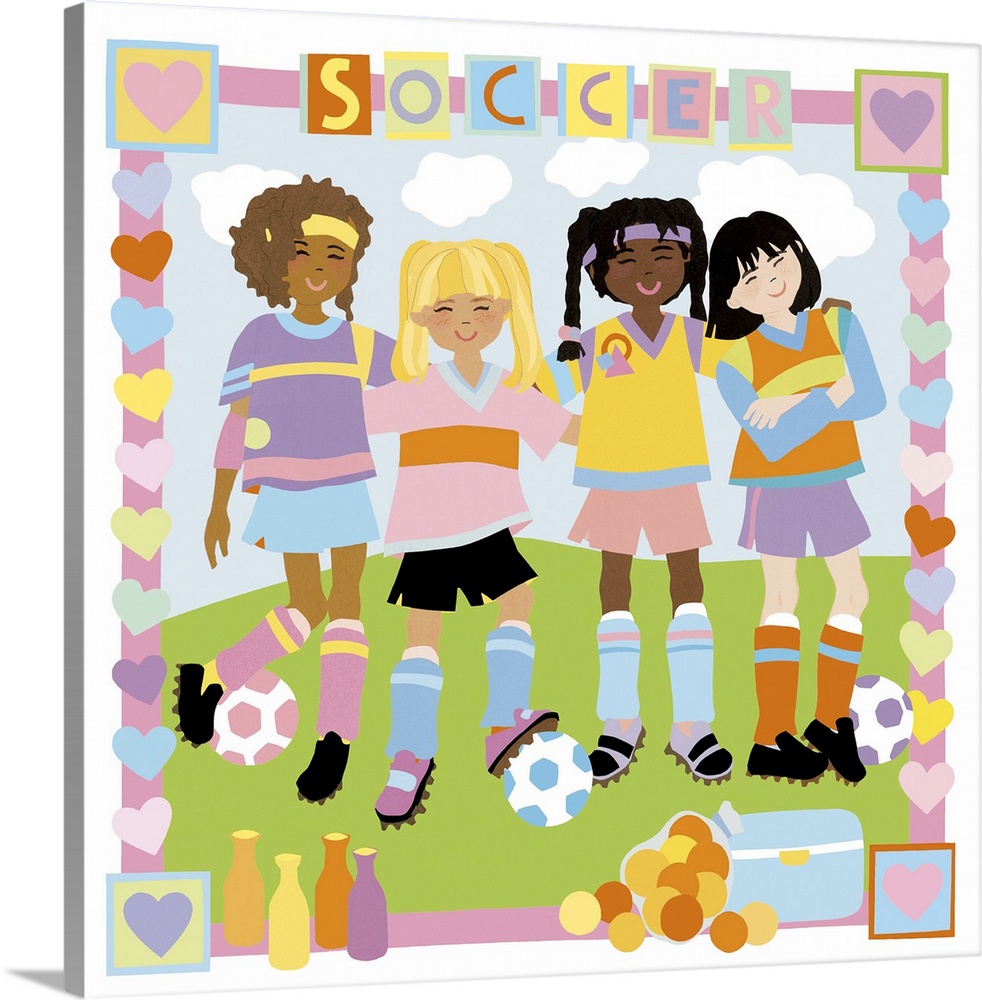 Children's illustration of young girls playing soccer.