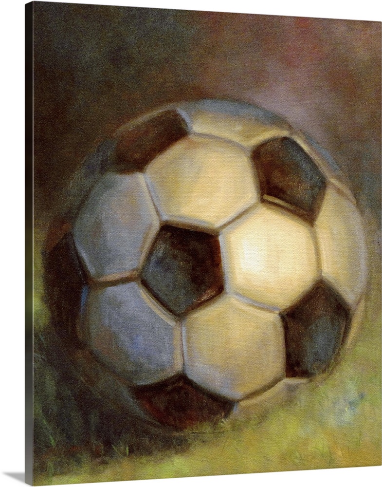 Contemporary still-life painting of a soccer ball sitting on grass.