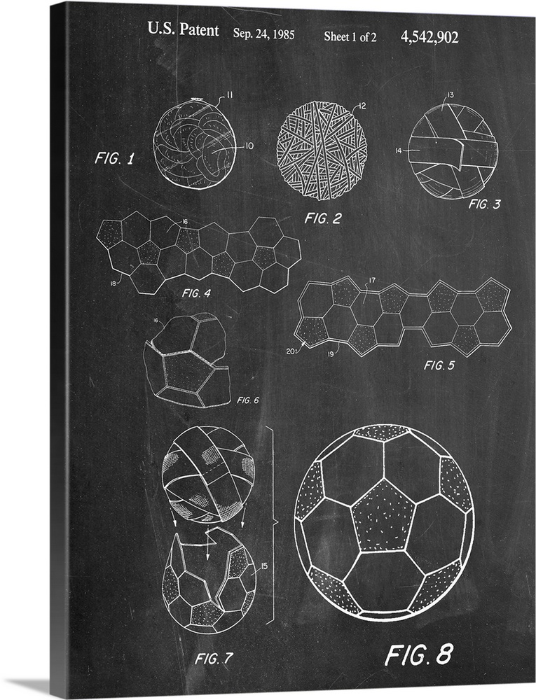 Black and white diagram showing the parts of a soccer ball.