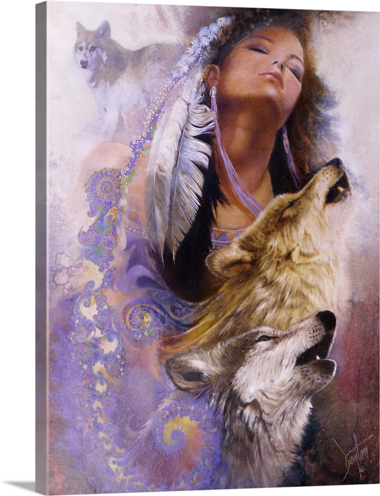 A contemporary painting of a Native American woman with fractals streaming from the feathers in her hair leading down to t...