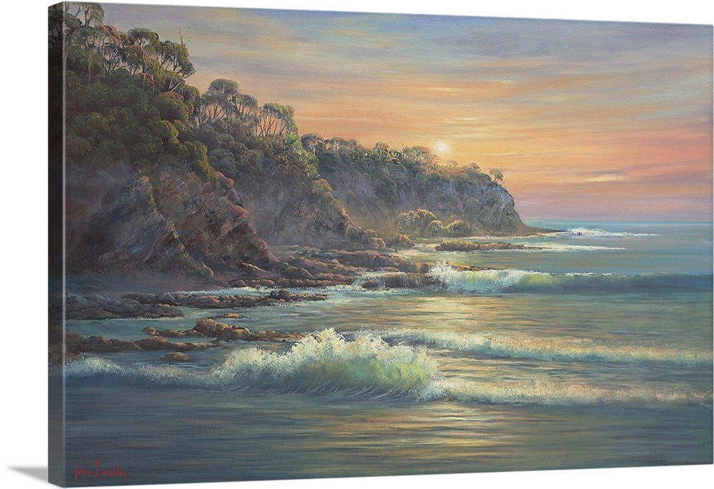 Contemporary painting of a coastal landscape at sunset.