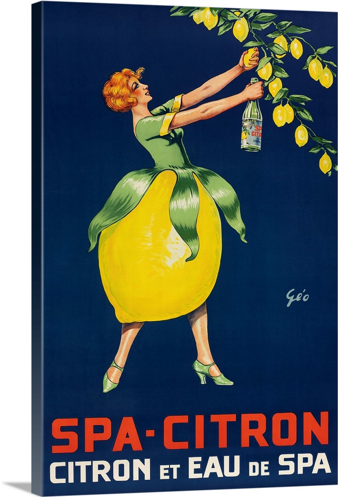 woman picking lemons, bottom of her dress is a lemon