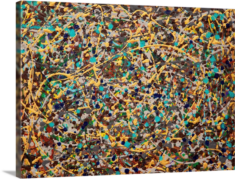 Contemporary abstract painting made of paint splatters and swirls.