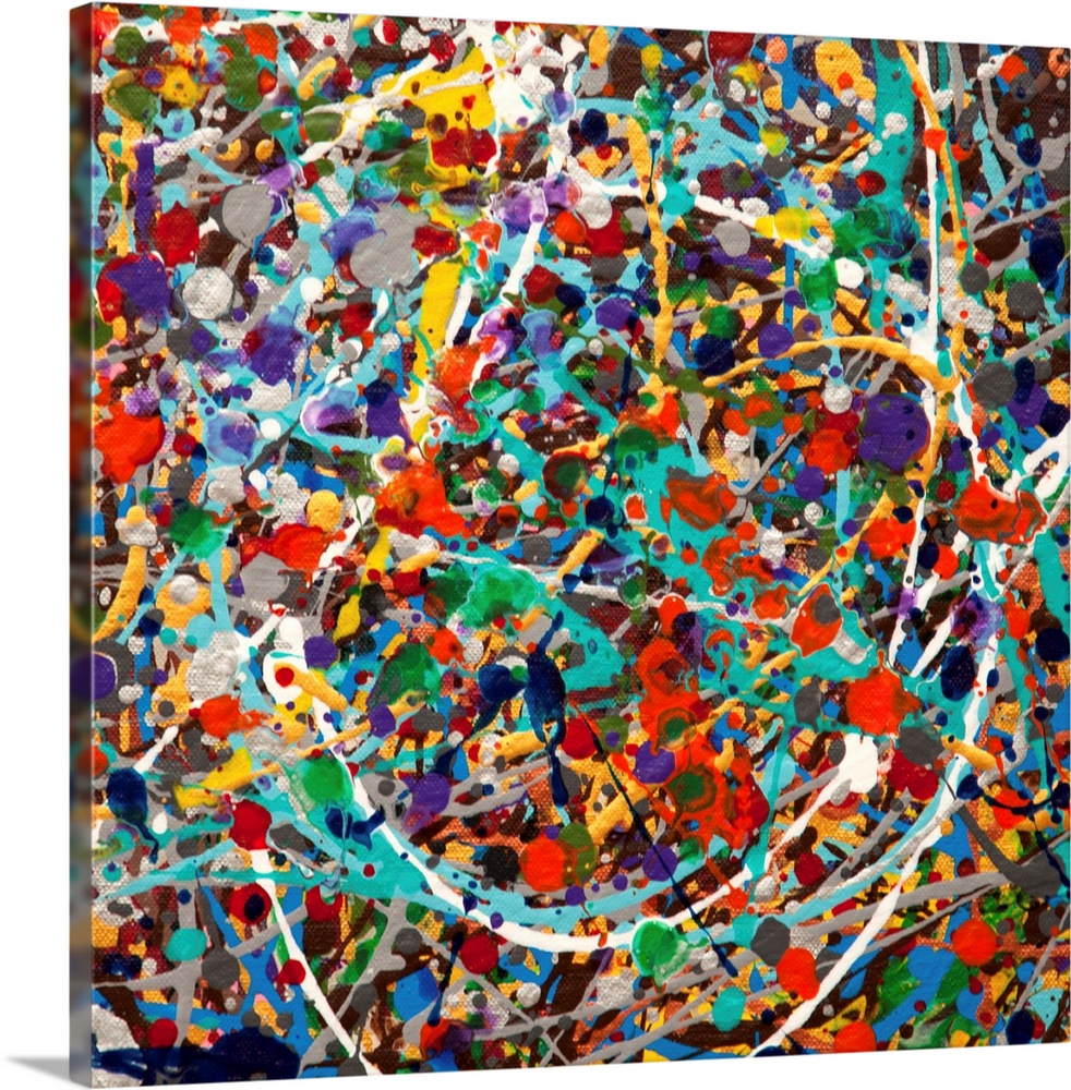 Contemporary abstract painting made of multicolored paint splatters and swirls.