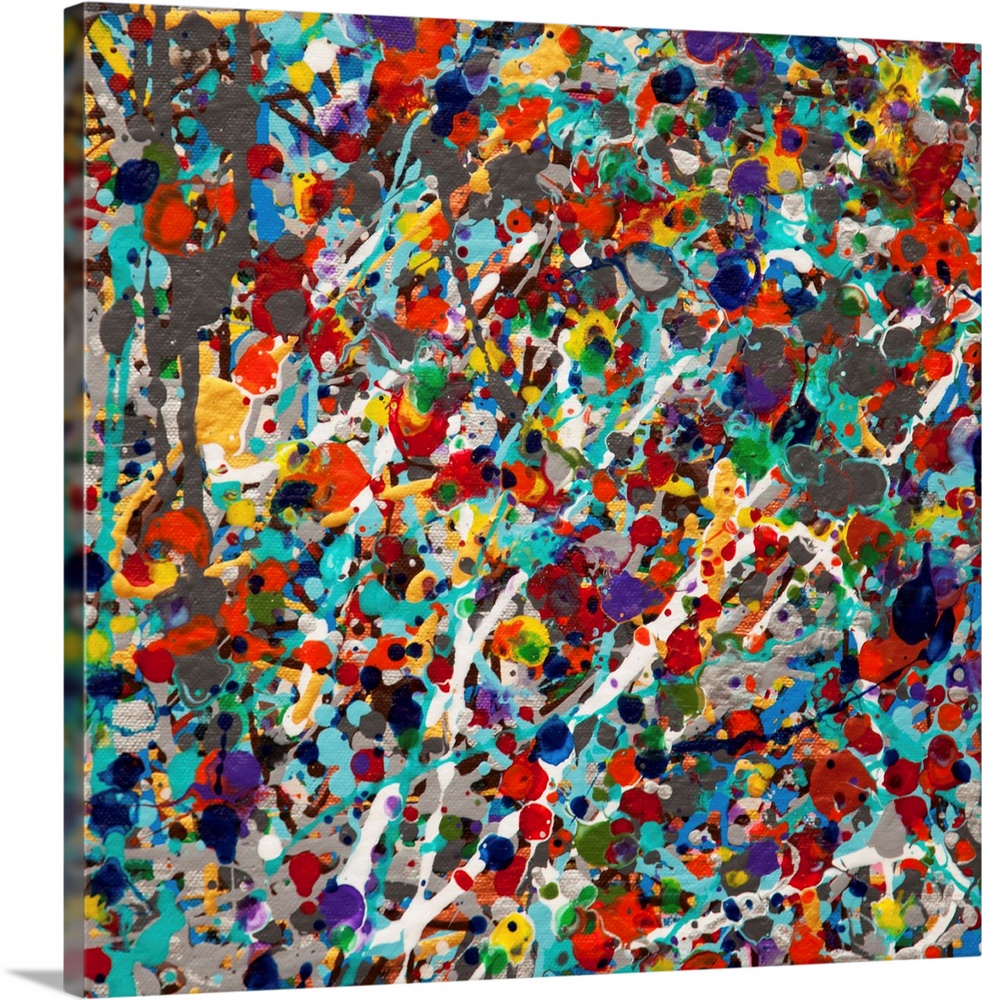 Contemporary abstract painting made of multicolored paint splatters and swirls.