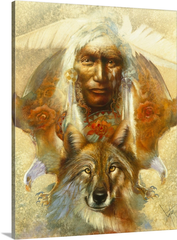 A contemporary painting of a Native American man looking straight on with colorful imagery and animals surrounding his head.