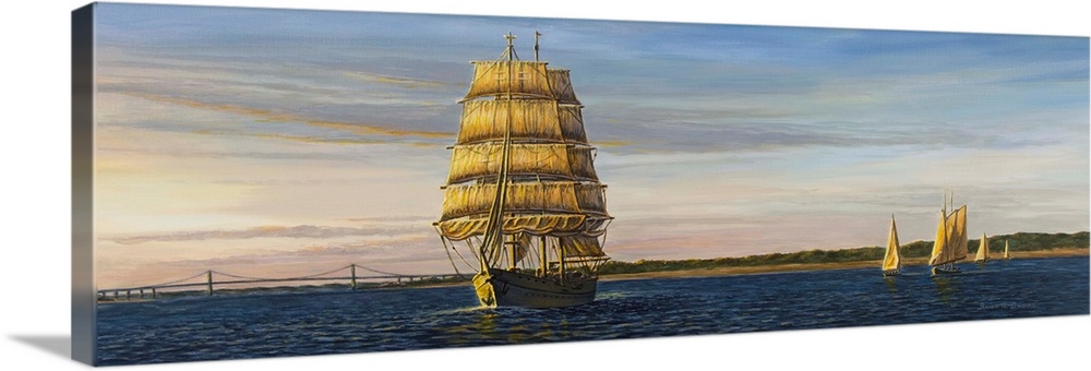 Contemporary artwork of a ship with several smaller boats in the back and bridge in distance.