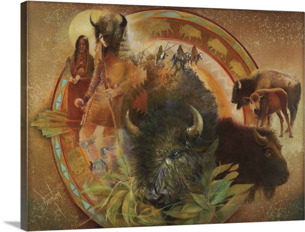 A contemporary painting of a montage of Native American tribesmen and bison.