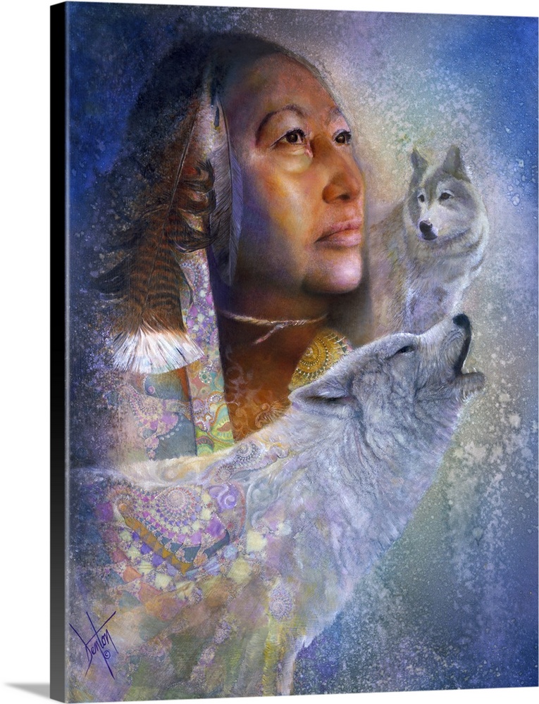 A contemporary painting of a Native American woman surrounded by colorful fractals and white wolves.