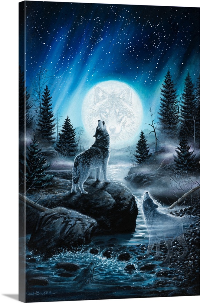 A contemporary painting of a wolf howling up at the night sky.