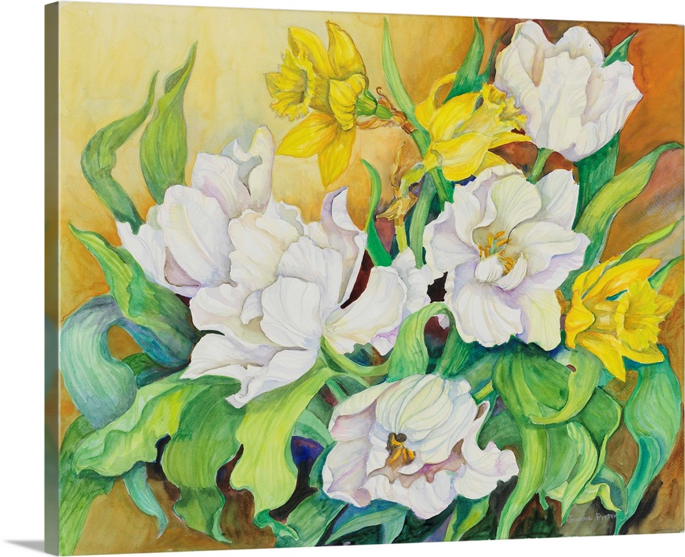Colorful contemporary painting of white and yellow flowers.