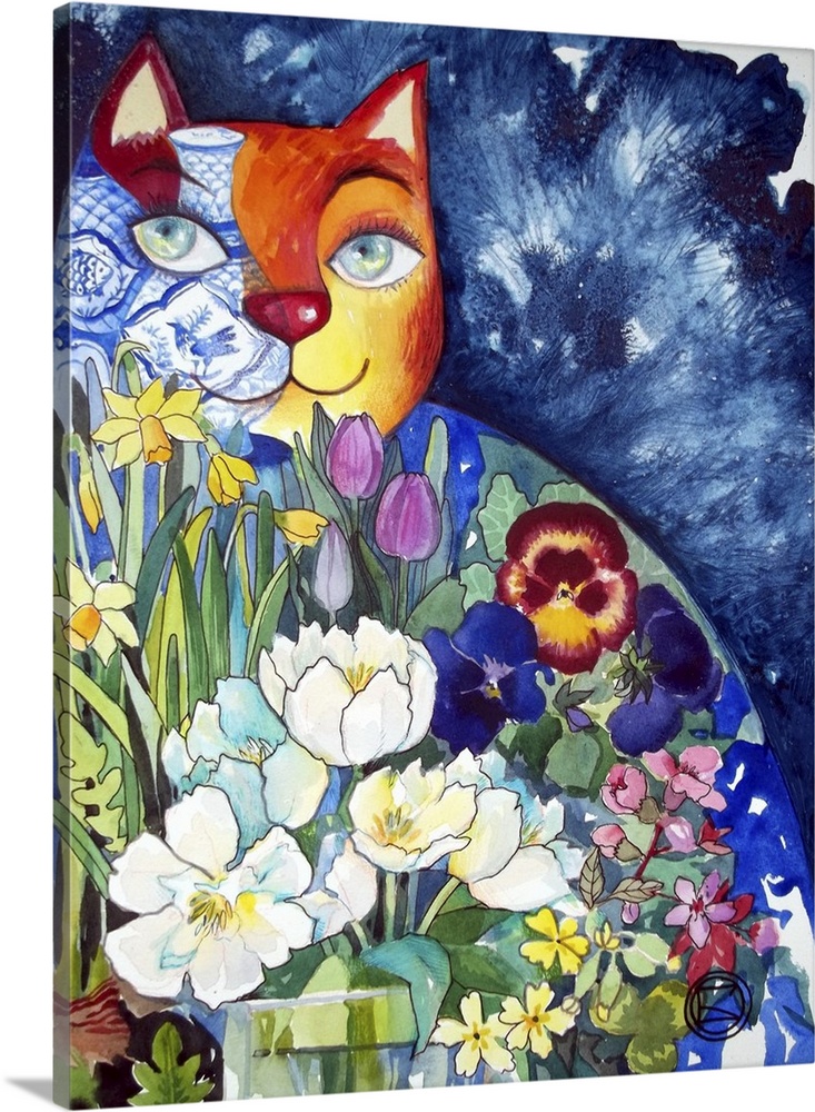 Watercolor painting of a decorated with pansies and other spring flowers.