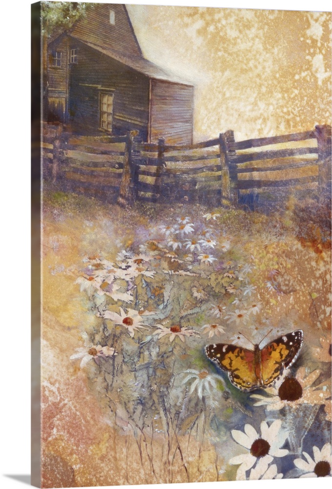 A contemporary painting of a butterfly on wildflowers seen outside of a country home.