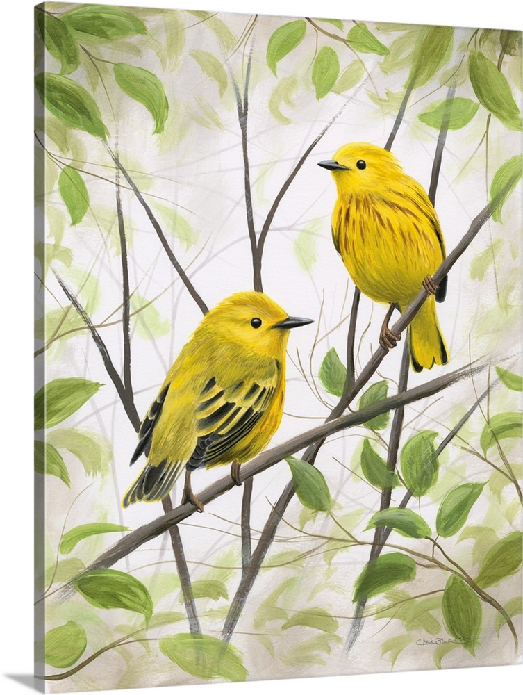 Contemporary painting of two Warblers perched on branches and surrounded by green leaves.