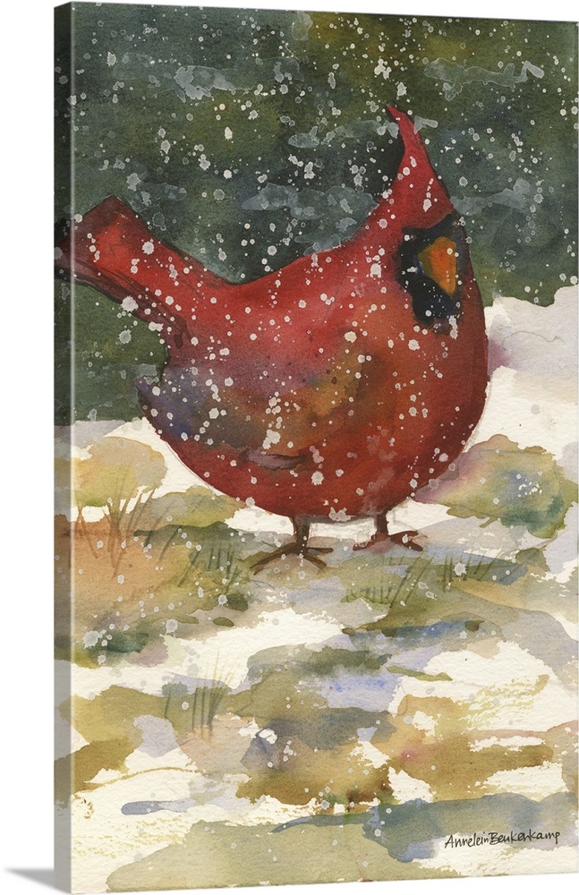 Contemporary watercolor painting of a cardinal in the snow.