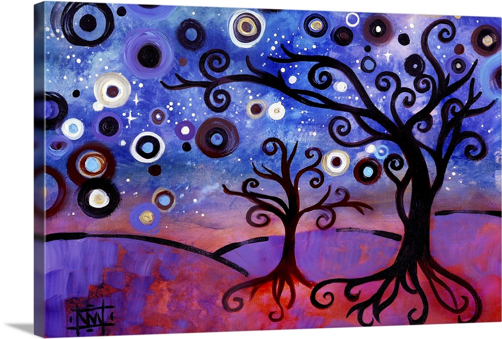 Contemporary painting of two trees with curly branches and a starry sky.