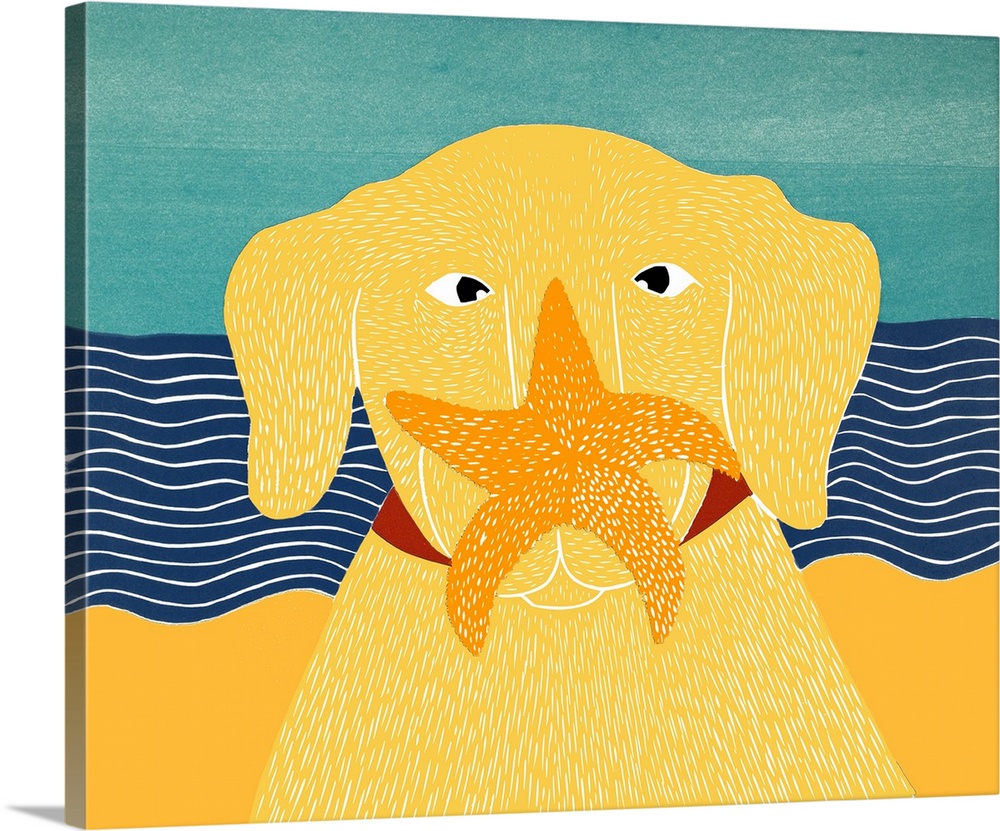 Illustration of a yellow lab at the beach with a starfish on its nose.
