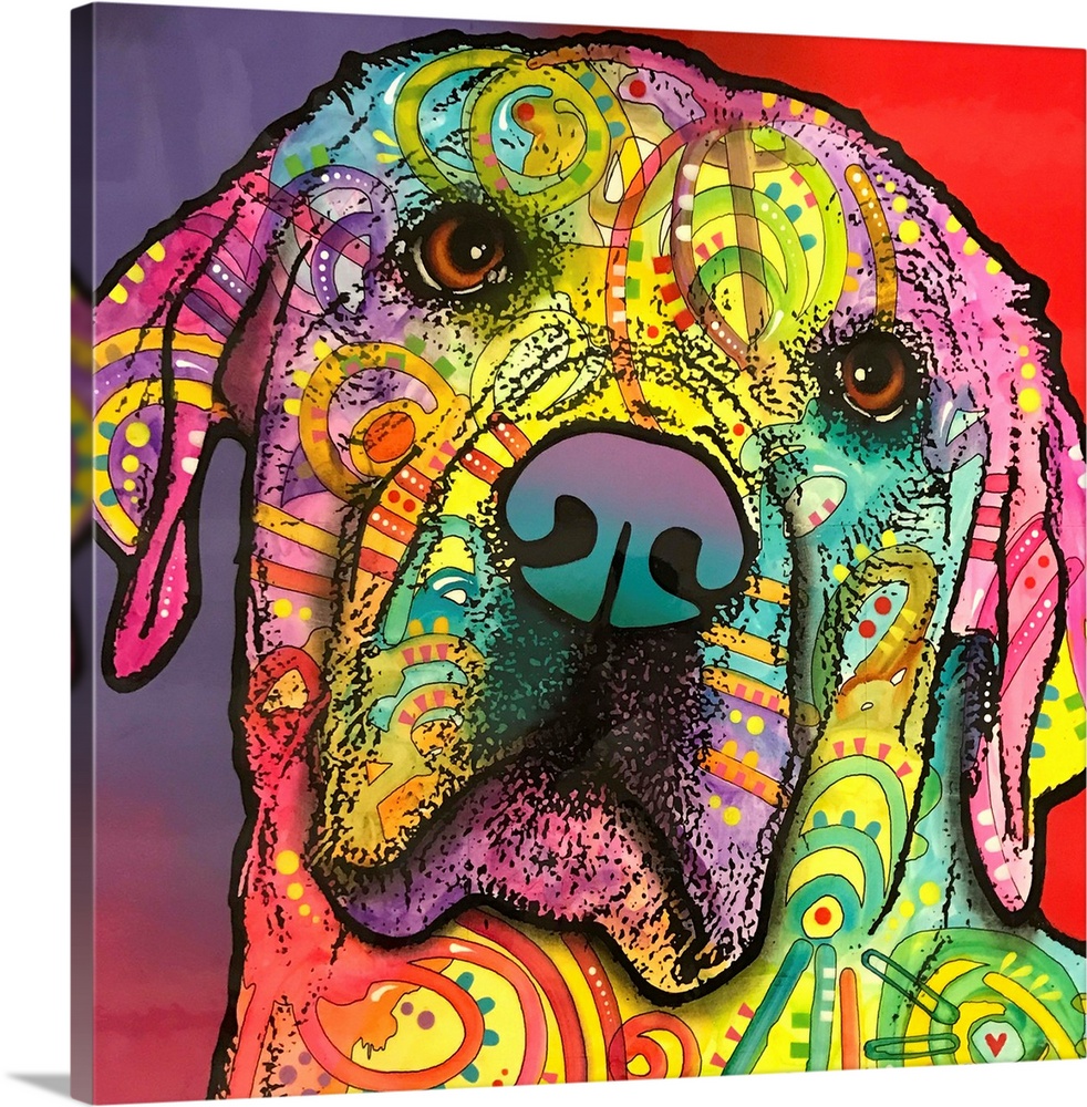 Square painting of a colorful Labrador face with graffiti-like designs on a red and purple background.