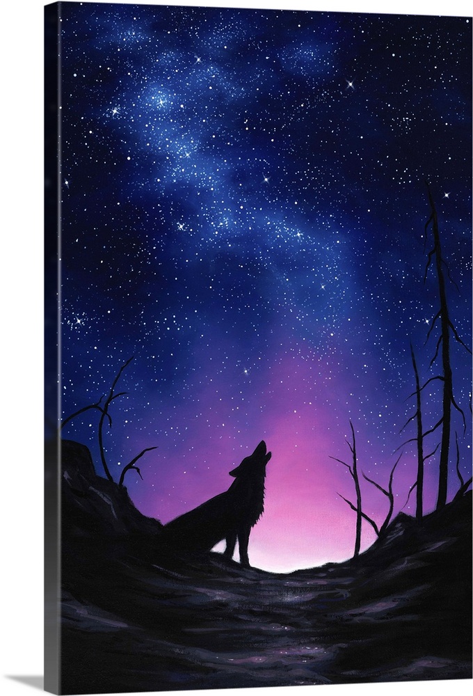 A contemporary painting of a silhouetted wolf howling up at the night sky.