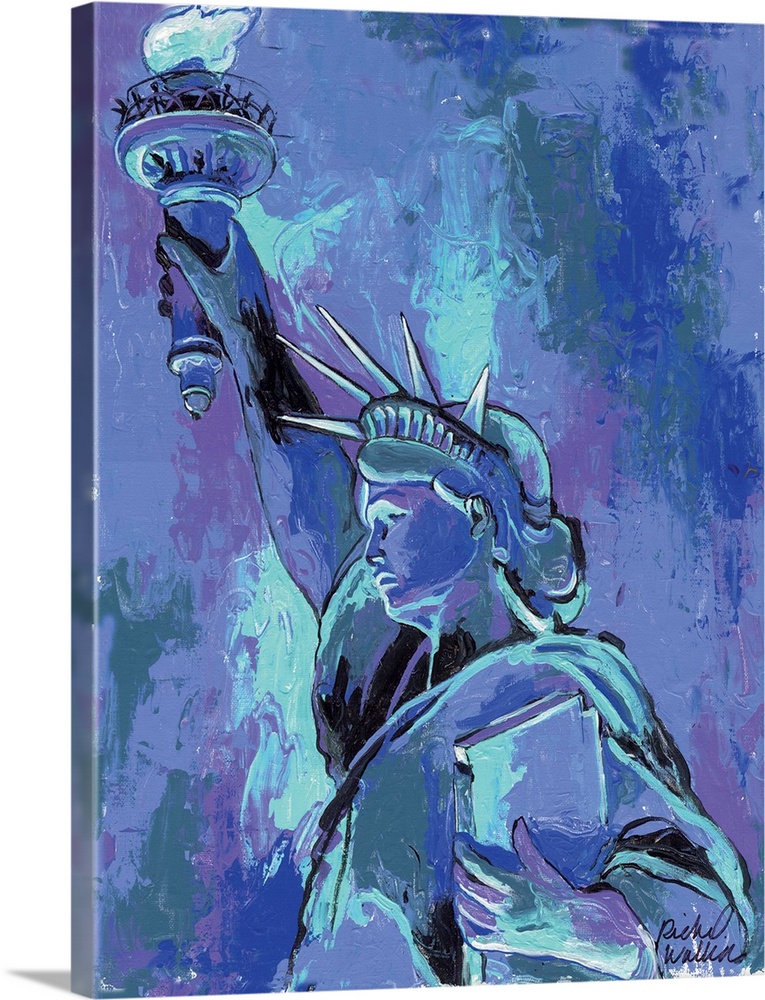 A portrait of the statue of liberty in violets and blues.