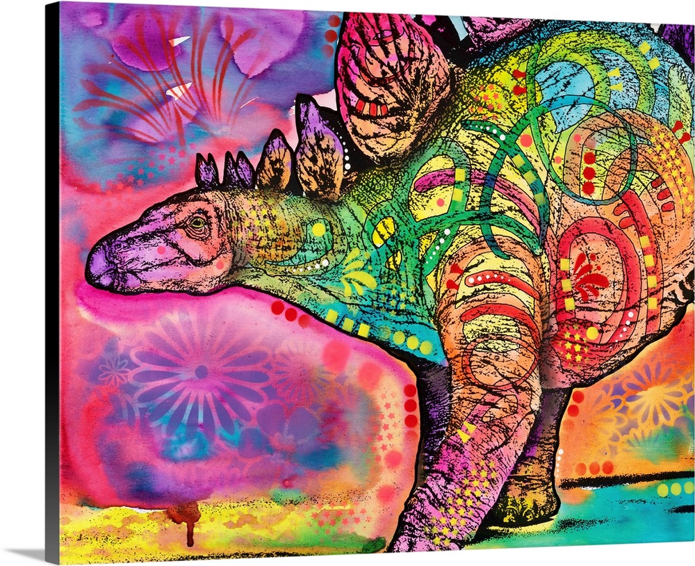 Colorful painting of a Stegosaurus with abstract markings.