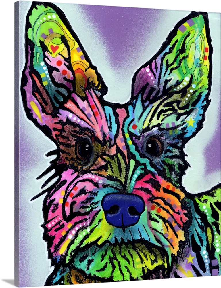 Painting of a colorful dog with abstract markings on a purple background with a light blue spray painted outline.