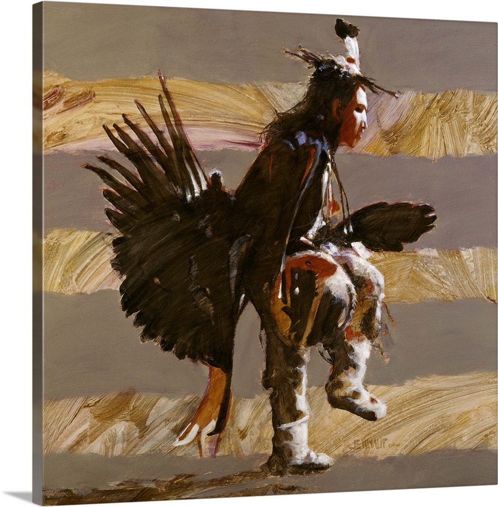 Contemporary western theme painting of a native american in traditional ceremonial dress.