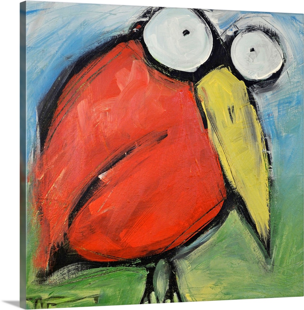 An energetic and delightfully goofy painting of a cartoonish red bird with bugging eyes on square shaped wall art.