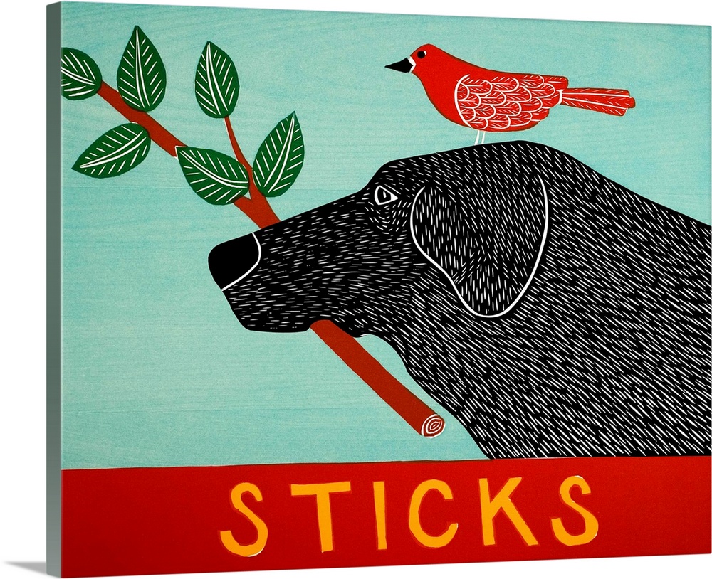 Illustration of a black lab with a red bird standing on its head and a leafy stick in its mouth.