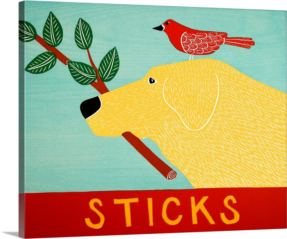 Illustration of a yellow lab with a red bird standing on its head and a leafy stick in its mouth.