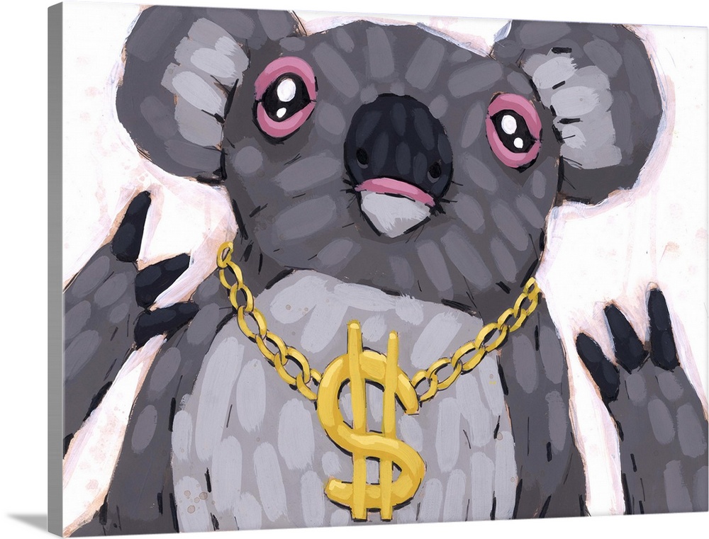 Pop art painting of a koala wearing a large gold necklace with a dollar sign pendant.