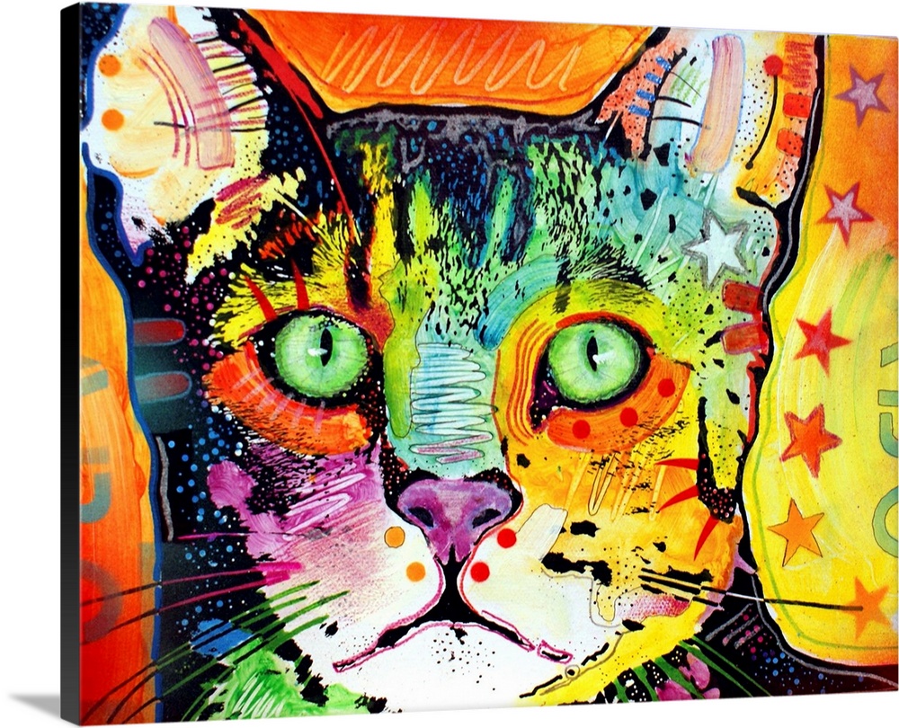 Contemporary stencil painting of a cat filled with various colors and patterns.