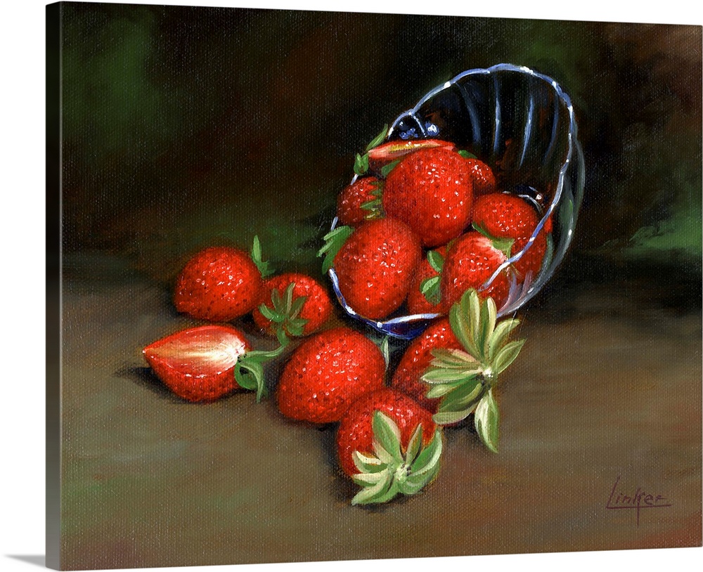 Contemporary still life of a spilled bowl of strawberries.