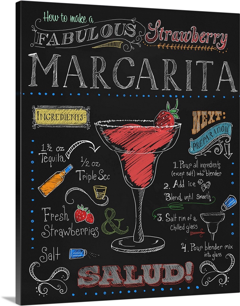 Chalkboard-style sign with instructions and ingredients for making a strawberry margarita.
