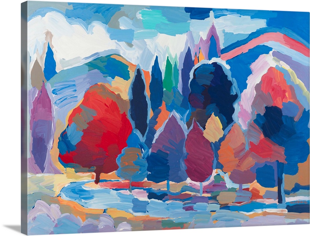 Colorful abstract landscape with trees and mountains lining the side of a stream.