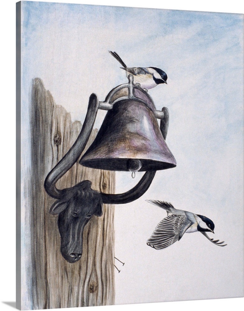 Two chickadees, on perched on the bell and one flying away from it.