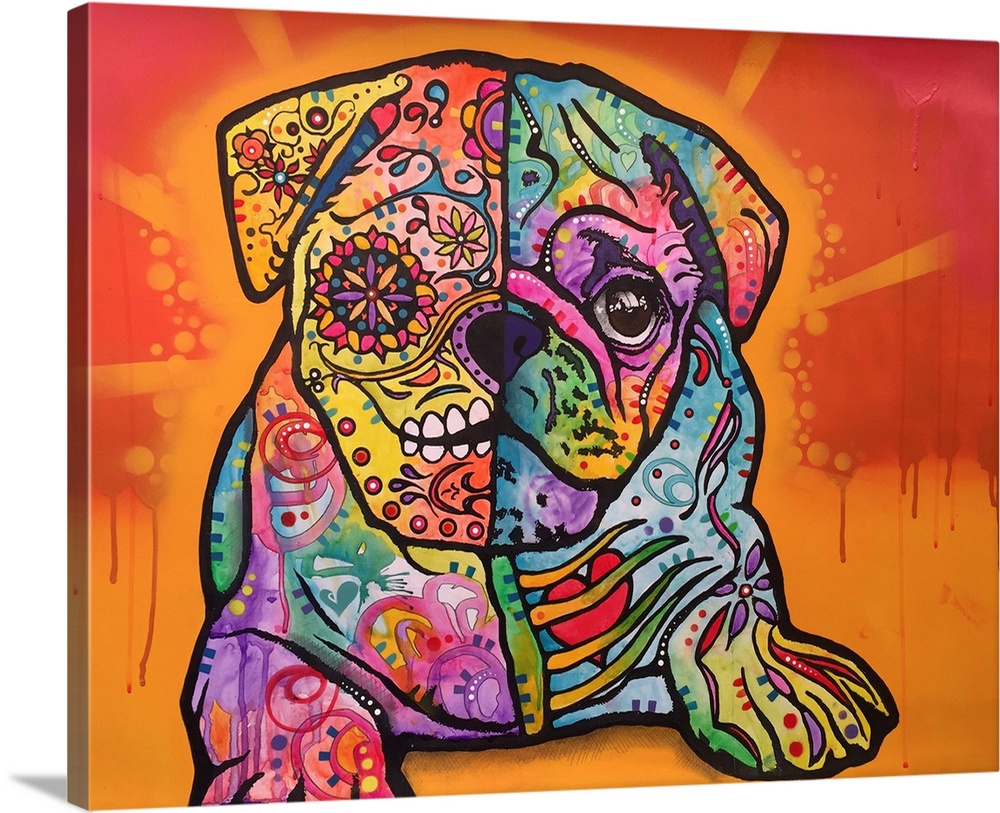 Square painting of a colorful pug with a dia de los muertos skull painted on half of its face and designs all over.