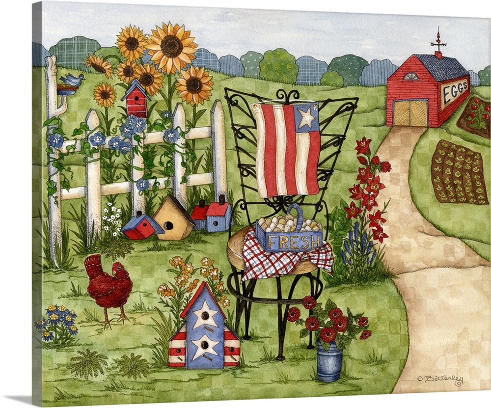 Barn with path leading to fence with blue birds, sunflowers, birdhouses, chicken, and chair with an American flag.