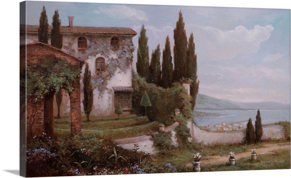A very traditional style painting of a lakeside villa in Italy on a warm summers day