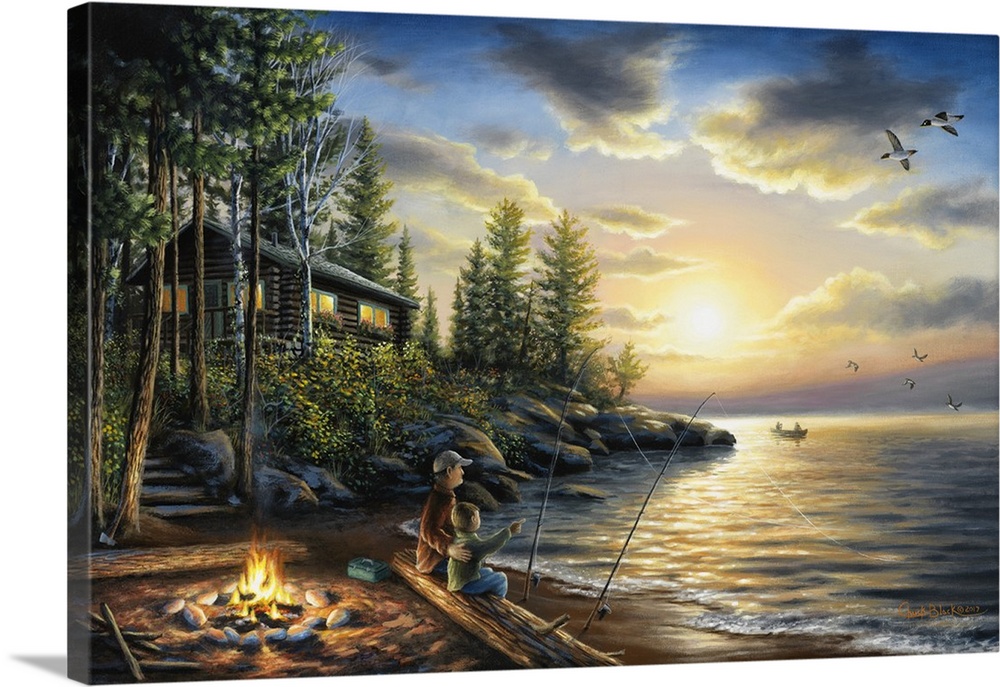 Contemporary painting of a man and his son fishing at sundown with a camp fire on a quiet lake by a cabin.