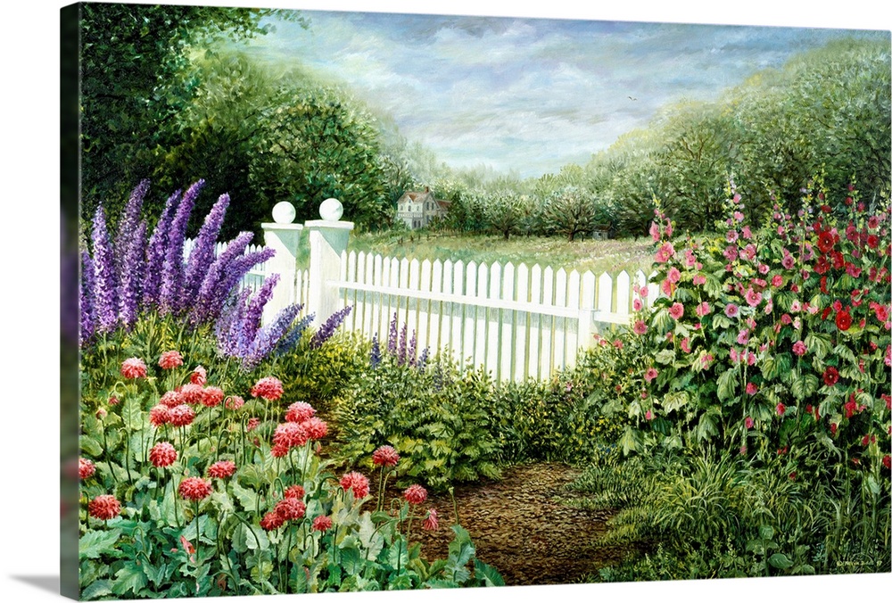 Contemporary artwork of a flower garden in front of a white fence.