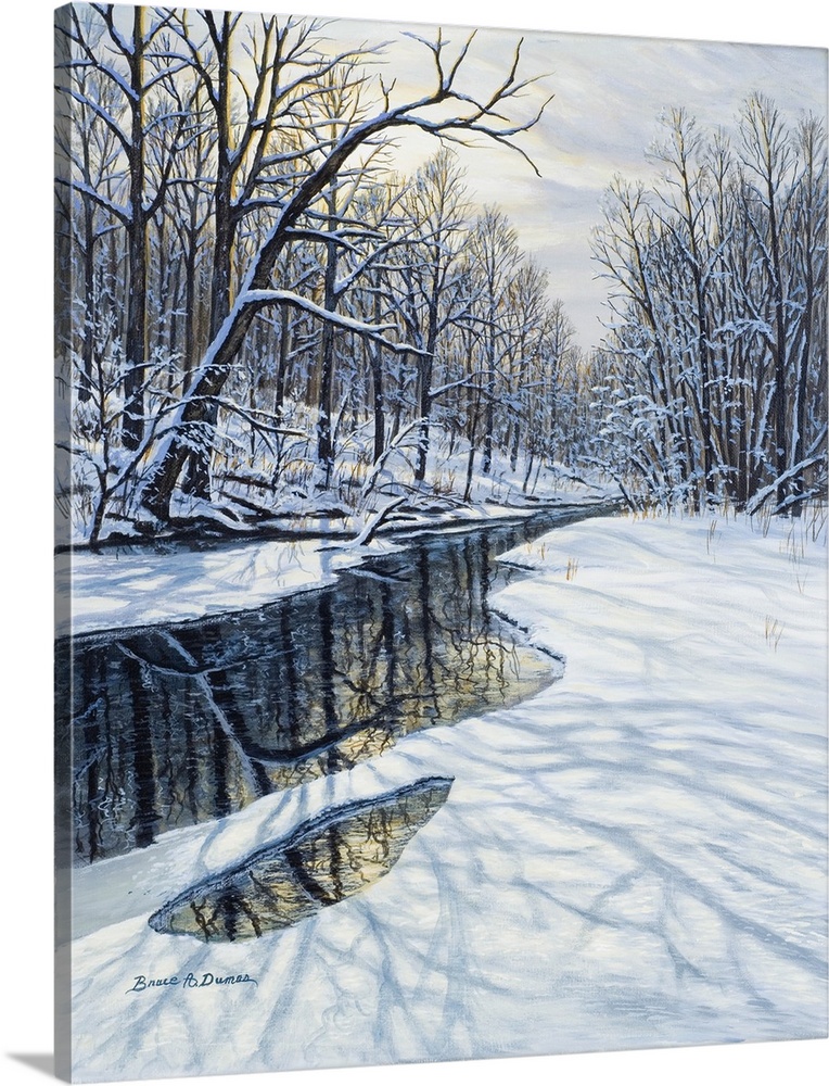 Contemporary artwork of a winter forest scene with a partially frozen pond or stream.