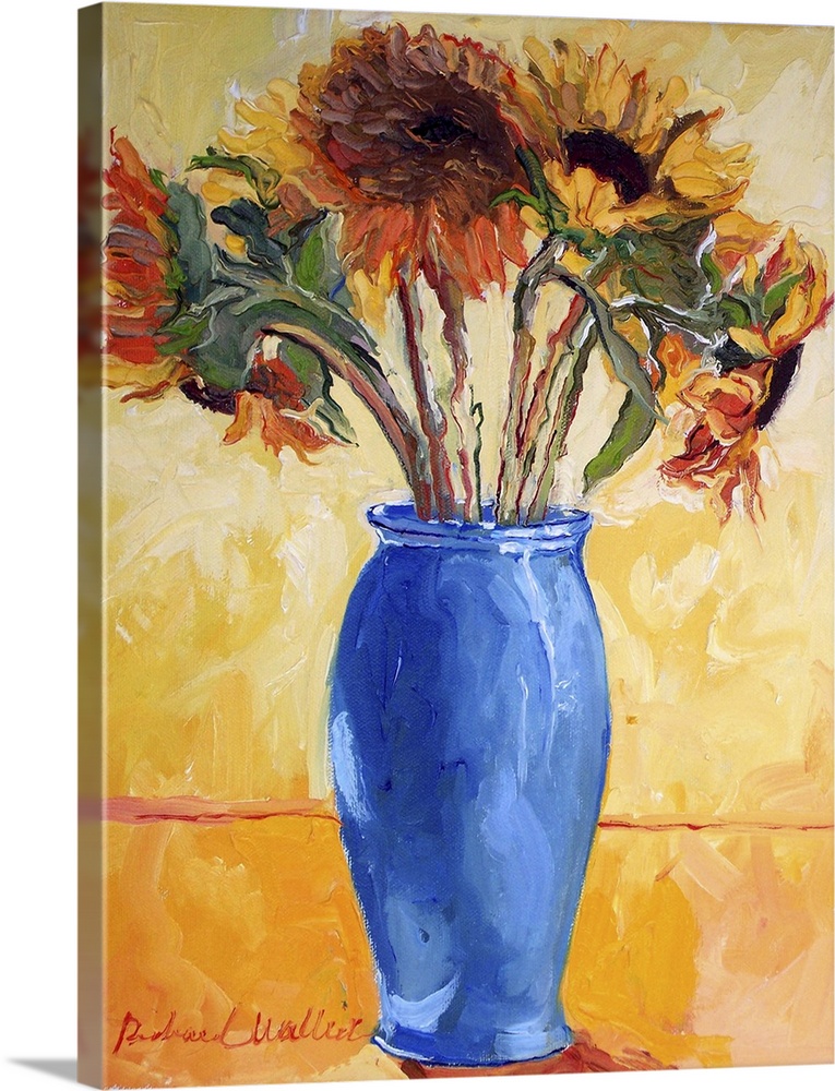 Contemporary colorful painting of sunflowers in a blue vase.